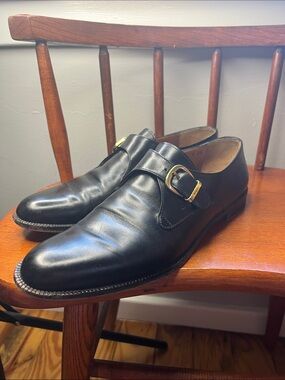 Salvatore Ferragamo Black Leather Monk Strap Dress Shoes Gold Buckle Size 9 AAA